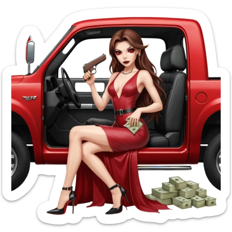 Lilith symbol red eye seductress evil long brown haired sexy succubus woman with leather long dress with slit on, sitting in Big Large F350 pickup truck. Platform long high heels on feet. Back seat full of stacks of cash, she is  Holding a man dead human skull of her enemies and a gun in other hand sticker