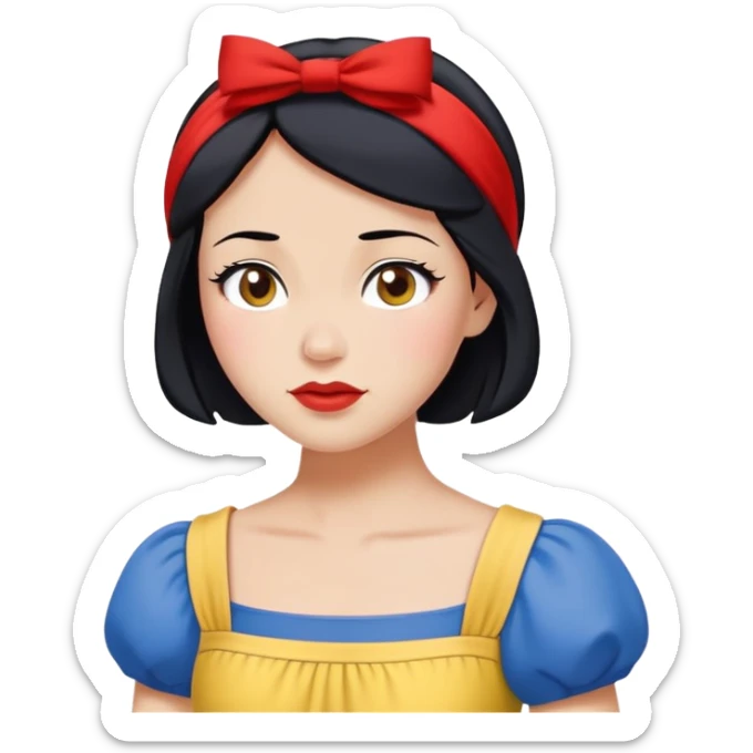 Snow White from hips up, blue top with yellow skirt, short black hair with red headband, minimal style but clearly recognizable sticker