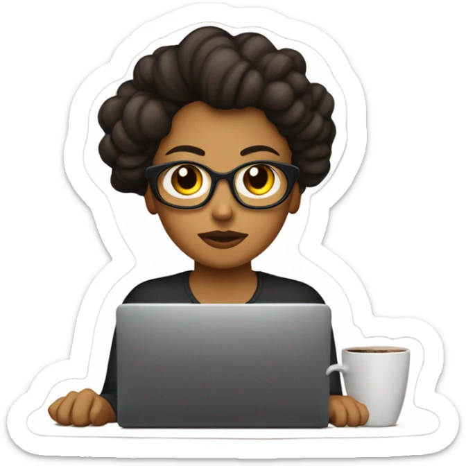 Mujer con playera negra con logo de grano de café trabajando frente a una laptop  sticker