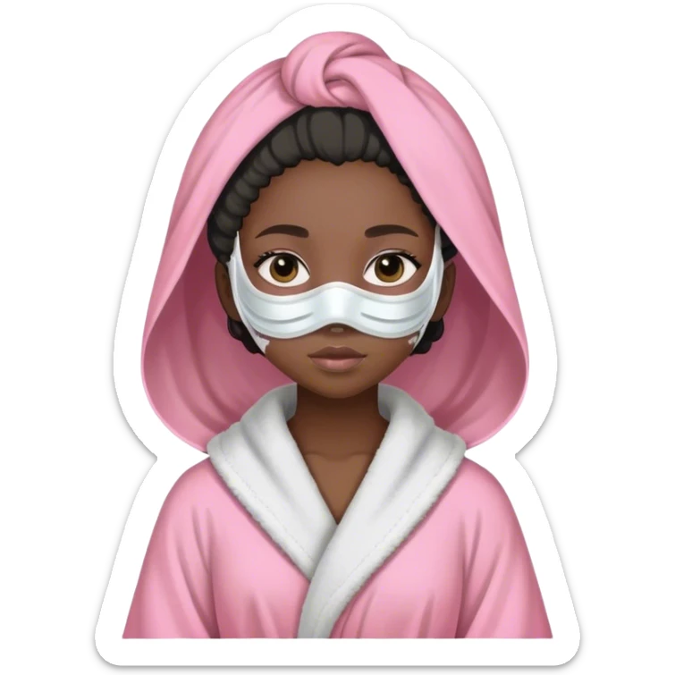 Black girl with pink robe on wearing white mud mask and 4a hair sticker