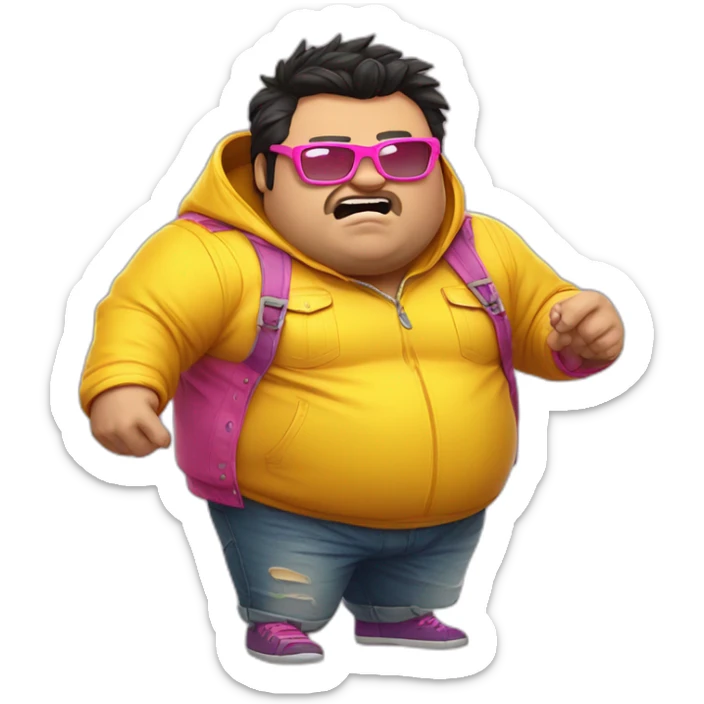 fat man with dark hair,a vibrant long yellow jacket, pink glasses, short jeans shorts. Show full lenght peson, person fighting a monster as superhero sticker