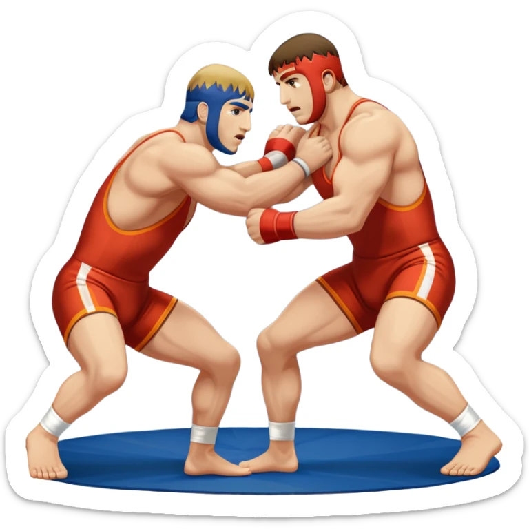 An icon symbolizing Greco-Roman wrestling, showing two wrestlers locked in a powerful grip, focusing on upper-body techniques. The background features a wrestling mat, with the athletes wearing traditional singlets. Transparent background highlights the strength and skill of the sport. sticker