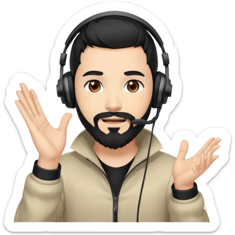 Anime style man with black hair, brown eyes, and black beard wearing gaming headset and applauding, anime art style sticker