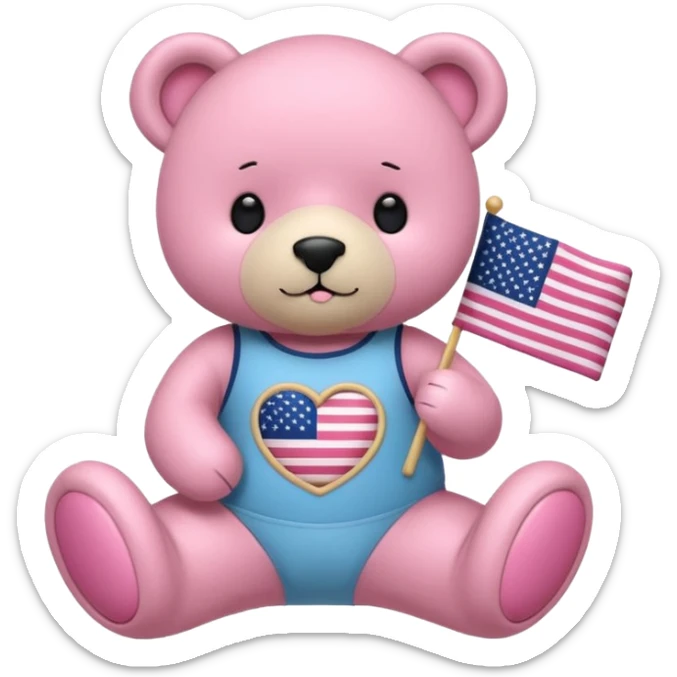 osito de peluche cafe claro con ropita rosa claro y estapado de la bandera de usa y otro con una liga de pilates en la cabeza y con ropa deportiva sticker