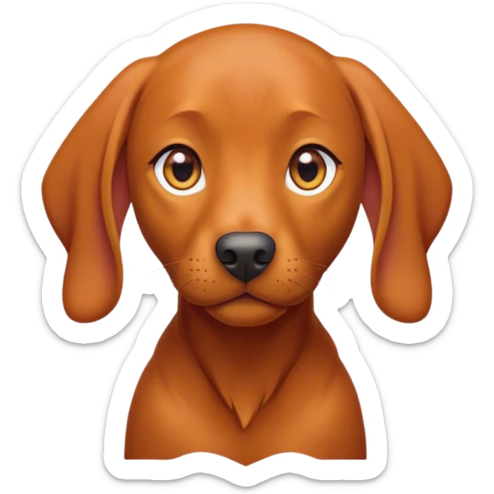 Cinematic Cute Vizsla Portrait Emoji, Head tilted playfully and inquisitively, featuring a sleek rust and gold Fur with a natural sheen, round, sparkling amber eyes filled with curiosity, Simplified yet irresistibly adorable features, highly detailed, glowing with a warm, friendly glow, high shine, affectionate and spirited, stylized with a touch of whimsy, bright and endearing, soft glowing outline, capturing the essence of a mischievous yet loving companion, so playful it feels like it could dash out of the screen and into your arms! sticker
