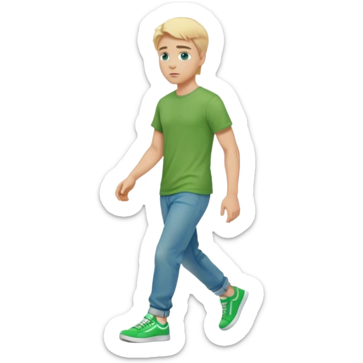 A cinematic realistic blond man with blue eyes, dressed in wide jeans, a green T-shirt and sneakers, is walking sticker