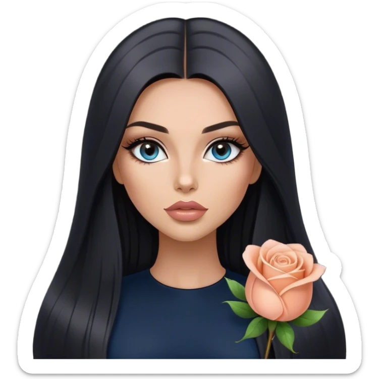 Glamours, tanned, very beautiful girl, with big pump peach-beige-rose lips, long long lashes, black straight smooth silky long hair, straight parting hair, blue-grey eyes in black clothes sticker
