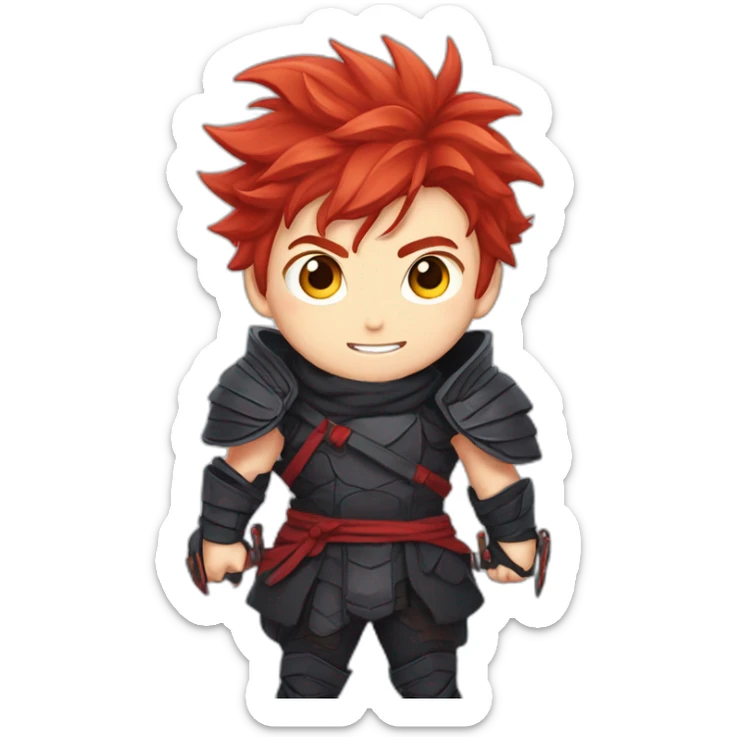 Anime boy with Red hair, ninja outfit, with cheeky grin and pointy fluffy hair with a sword in a defense stance, alone sticker