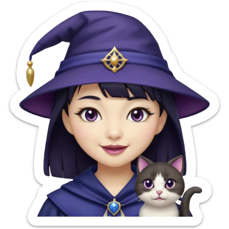 An Asian short-haired girl with short raven hair and bangs, with heterochromia eyes(her left eye is silver coloured and her right eye is dark brown coloured), cat-eyed eyeliner, and laughs with a tiny fang of mauve-toned lipstick, wears a dark navy wizard hat with an emblem on it. sticker