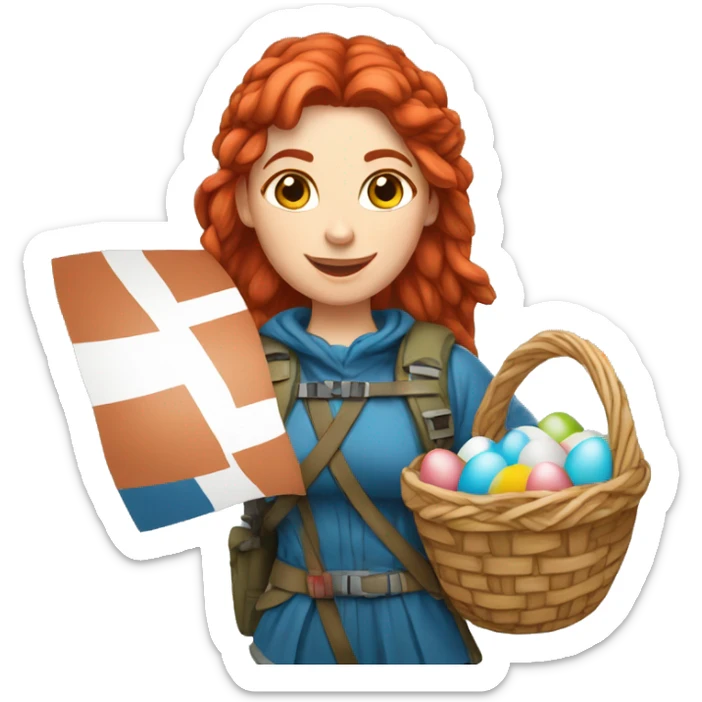 Greek Female winter mountaineer red hair white skin climbing with Greek Flag and Easter eggs basket sticker