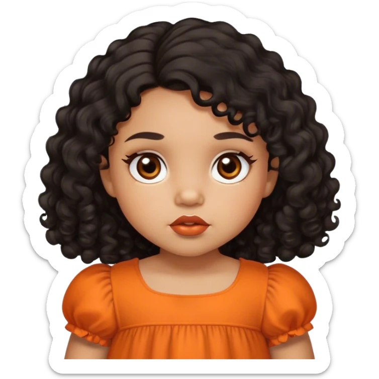 light brown skin tone, very adorable toddler, with big plump lips, long long lashes, black curly hair, middle hair parting, brown eyes, orange dress sticker