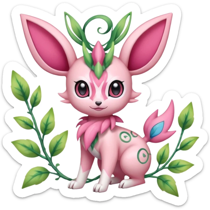 Rosy floral romantic cute Sylveon-Celebi-Leafeon-Pokémon-Digimon-Fakémon-hybrid-fusion-creature with vines entangled around sticker