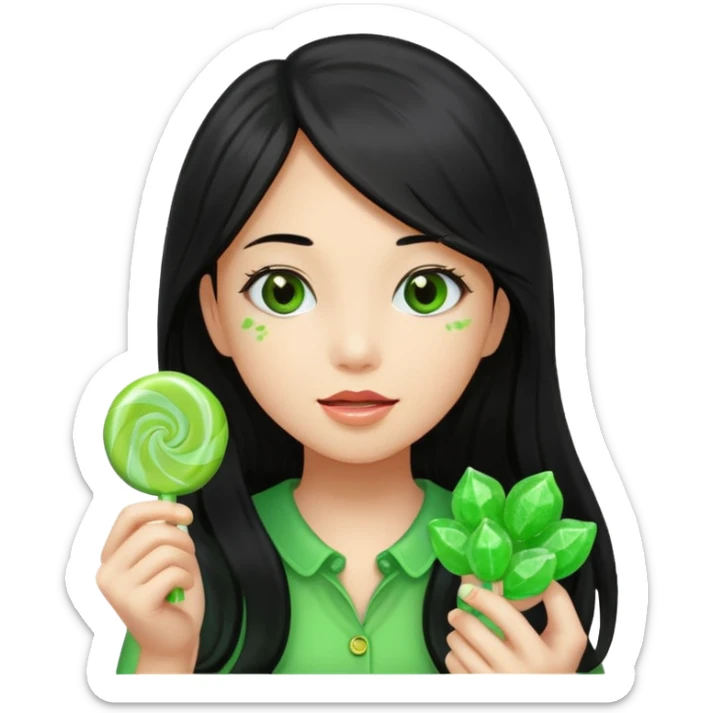 A girl with long black hair holding a piece of green hard candy in one hand and a green candy wrapper showing a guava on it in the other hand sticker