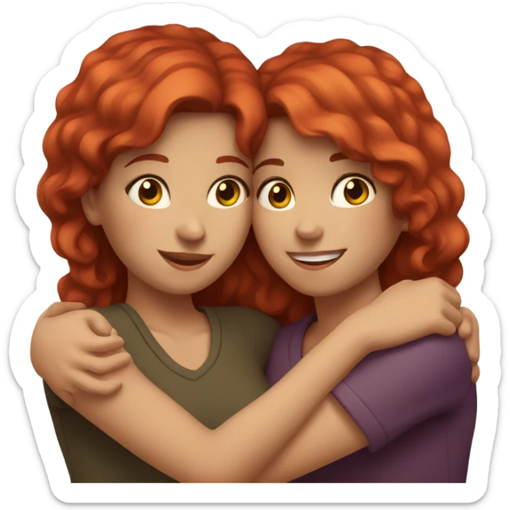 Girl and girl hugging one with red hair and one with brown  sticker