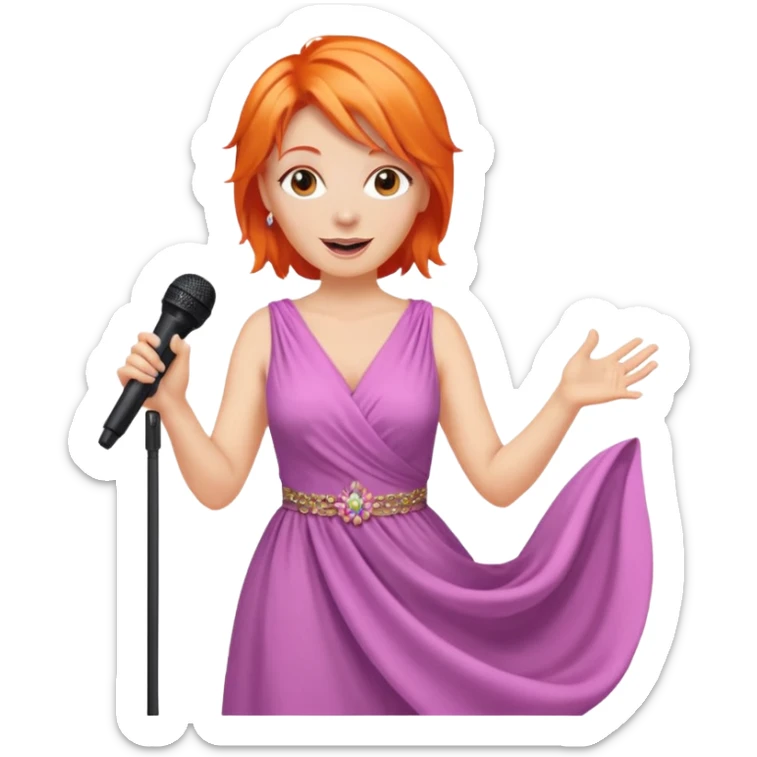 singer, Middle age, orange hair, happy, holding mic, wearing dress sticker