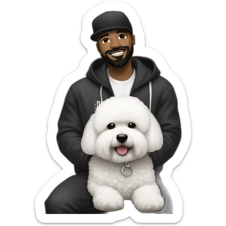 rapper-with hoop-white skin-black hair-beard-bichon dog-white-smile sticker