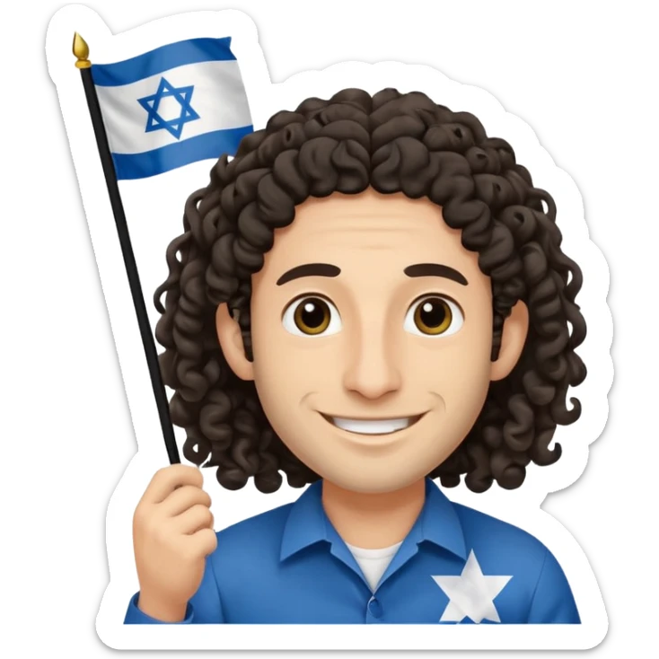 jewish jew man's face, wearing a tiny black kippah and 2 curly long hair strands near the ears, big nose, only face, no body, no mustache, holding israel flag sticker