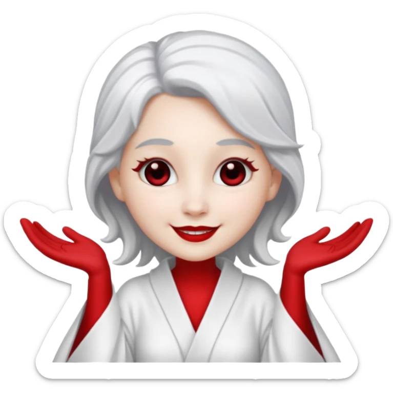 vull un perosnatge estil bimoji que sigui com una nimfa bella i fantasmal amb túniques blanques. Té la pell literalments blanca com el guix, cabell platejat, un nas llarg, ulls negres grans i llavis carmesí. que estigui somrient sense arrecades i vestimenta vermella i blanca sticker