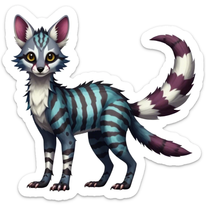 Feral Rare Fantasy dark colorful Vernid-Sergal-Genet-Trico-species by LiLaiRa, random markings, tufted tail, tufted ears, full body sticker