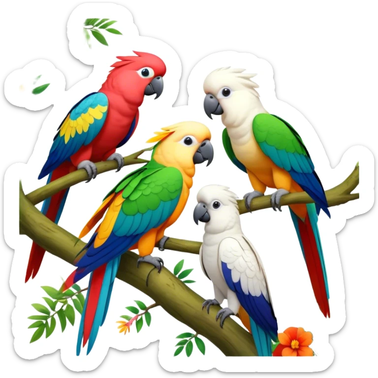 Close-up collage of vibrant Ara parrots and Inca cockatoos sitting on tree branches, surrounded by lush greenery. Bright colors of the birds stand out against a natural, sunny background of trees and flowers. Transparent background. sticker