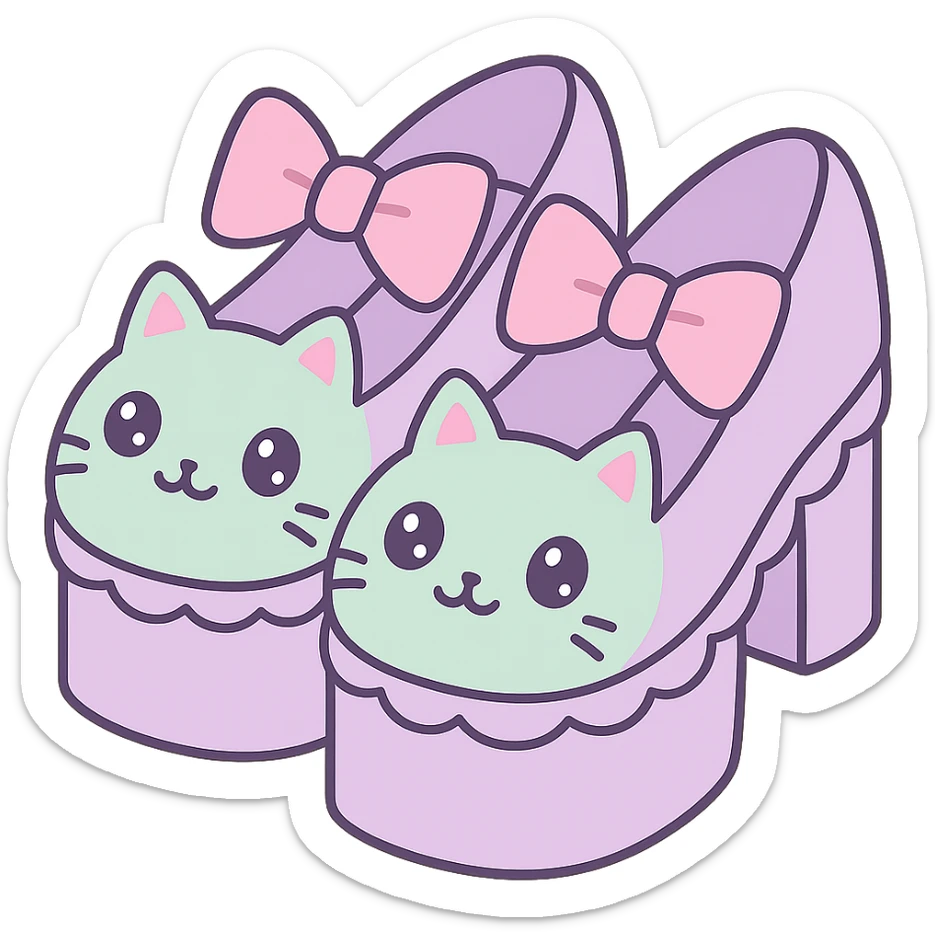 Refine the kawaii BLACKPINK-inspired gothic shoes with a large bow, scalloped edge, sparkling glitter, and neon accents. Use pastel lavender and pastel mint as the main colors. Keep the design playful and stylish with no hearts. Transparent background. sticker
