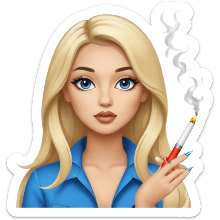 blonde light blonde balayage gorgeous girl blue eyes long hair with latina makeup smoking a cigarette baddie winged eyeliner Long nails sticker