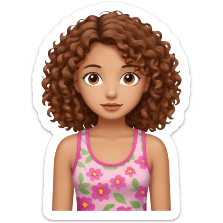 A pretty girl with tan skin and brown wavy curly hair, wearing a floral pink tank top with brown eyes sticker