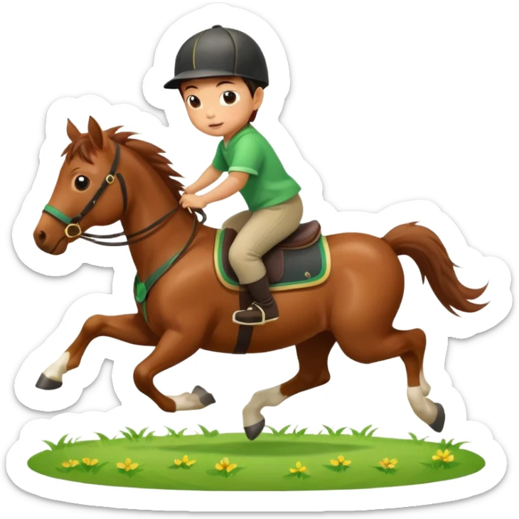 l little chinese baby riding on a  cute horse running really fast on the grass with 2026 year's label sticker