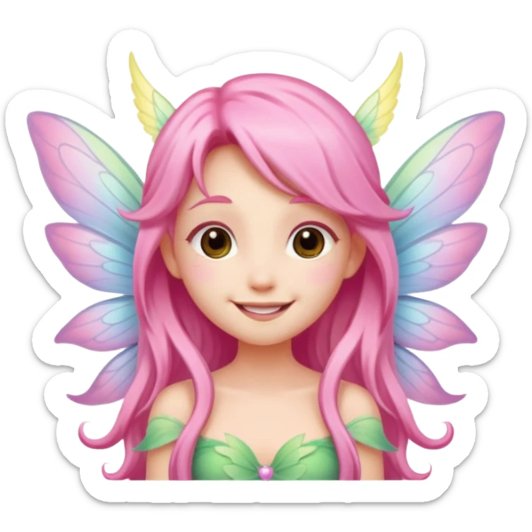 A tiny pastel fairy with pink long hair with glowing wings and a sweet smile  sticker