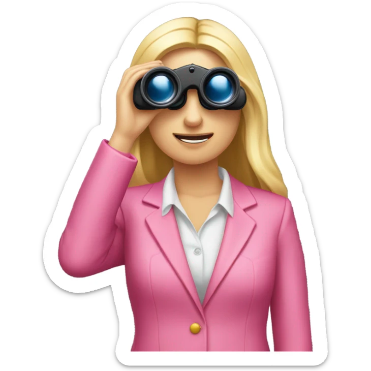 secretary style white female employee with long blonde loose hair wearing intensive color pink suit using binoculars. must look straight in front of a camera sticker