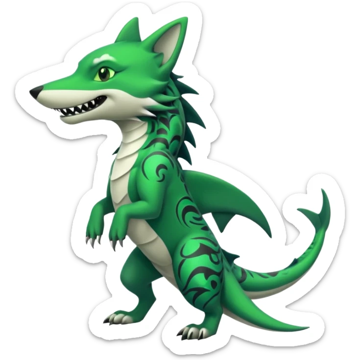 Edgy cool badass Neon-green landhai-sergal-wolf-canine, with a shark tail, with black and dark-green swirly patterns markings sticker