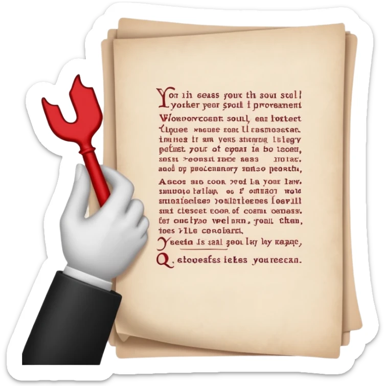 Minimalist emoji-style sticker of a pale hand signing a parchment contract titled “YOUR SOUL” in gothic font, muted red ink, grayscale background sticker