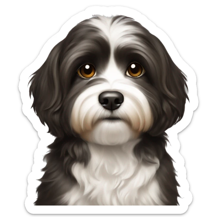 young female artist tan with long dark brown hair painting black+white havanese on a canvas sticker