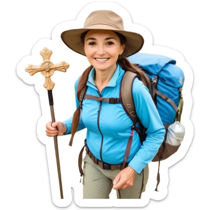 Middle aged women, long brown hair in ponytail with wide brim hiking hat. Walking with backpack and trekking poles. Backpack gas a scallop shell with the cross of saint james hanging from it. She is a pilgrim on the Camino Frances on her way to Santiago de Compostela sticker