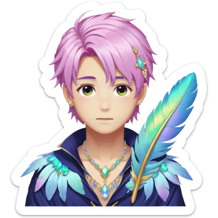 Beautiful gorgeous anime man with beautiful iridescent-special-hair, fashion aesthetic, ethereal, fairycore, pastelcore, feather, flower, gems, accessories, jewelries, gold, colorful sticker