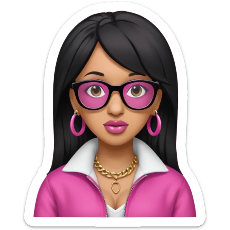 rapper Cardi B black hair, pink cloth wear black glasses sticker