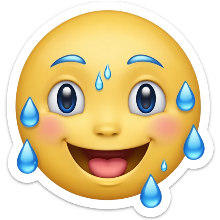 Emoji, yellow round laughing face, blue tears of joy on it. 2 big blue tears on each of the 2 cheeks sticker