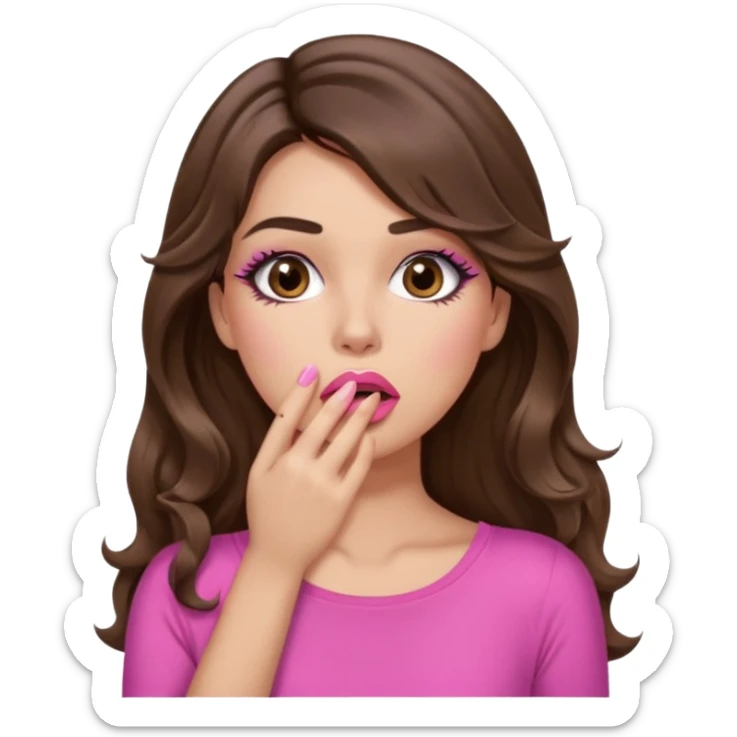 girl with long wavy brown hair, brown eyes, long lashes makeup, sexy pink lips, light to medium complexion, pink sexy top, shocked, hand covering mouth sticker