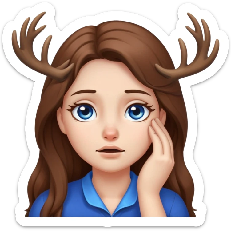 Deer girl facepalm with white skin and brown long hair with blue eyes  sticker