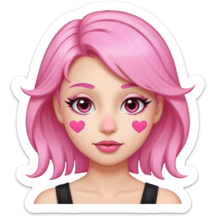 “Emoji girl, pastel pink streaks in hair, bold winged eyeliner, heavy blush on cheeks and nose bridge, under-eye hearts, glossy pink lips, playful smirk.” sticker