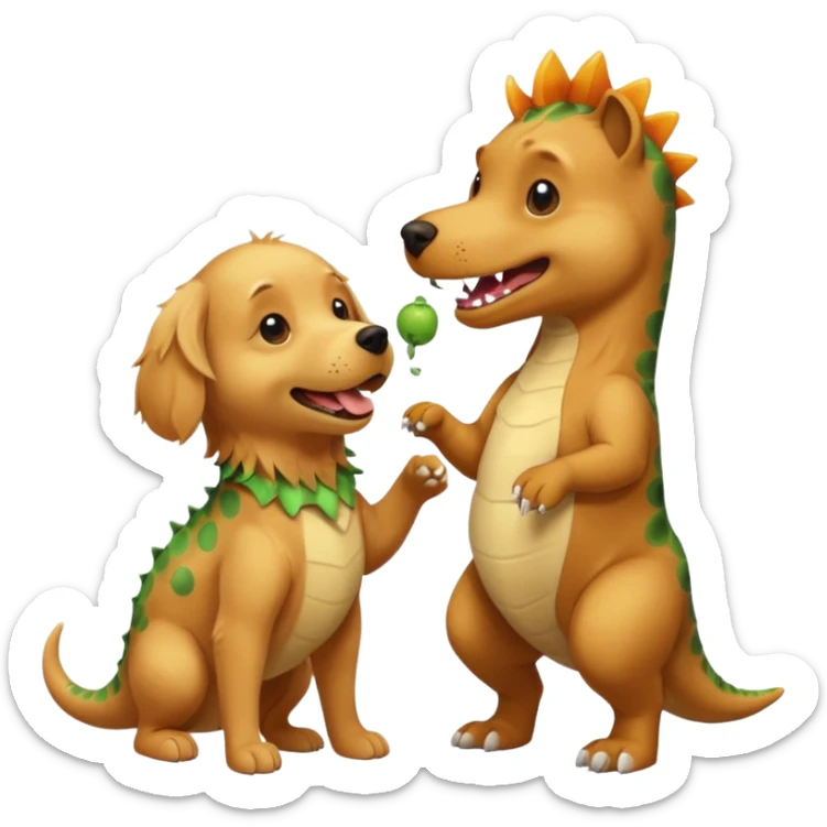 a golden retriever with a dinosaur costume thats unaliving a chihuahua thats in a dinosuar costume sticker