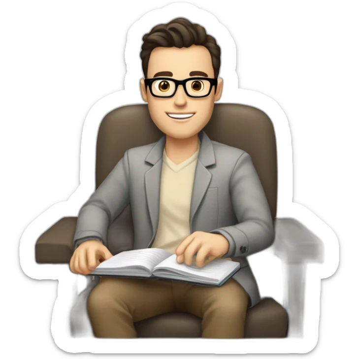 Pale skinned Fit Man With dark brown hair in gray jacket, beige office shirt and vintage glasses sitting In a soft chair with a notebook with emblem Ψ and a pen in his hands sticker