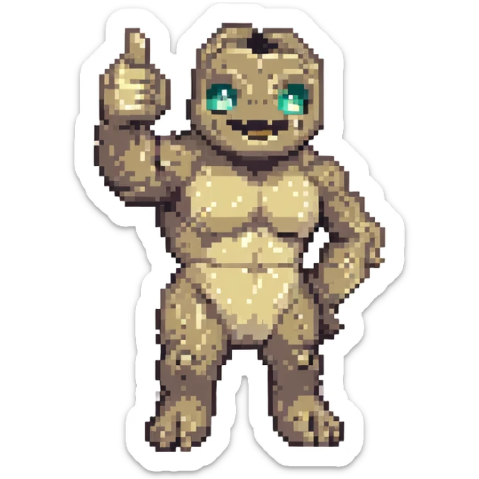 pixel art Geodude with one arm raised in a thumbs up, classic video game style sticker
