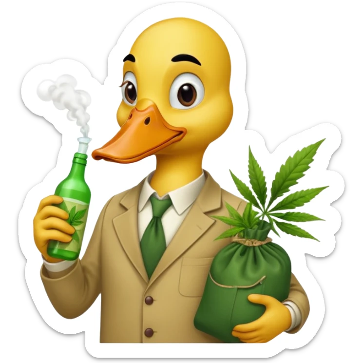 Drunk and high duck animal holding weed bottle and a bag of weed. Looking sloshed sticker