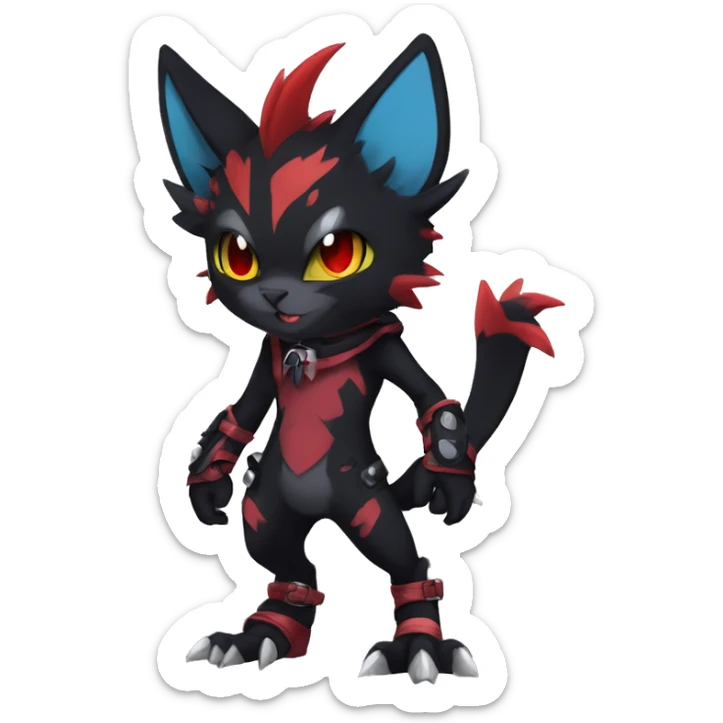 Black Anthro Cool Punk Noibat-Litten-Fakemon-fursona with fangs and red markings Full Body sticker