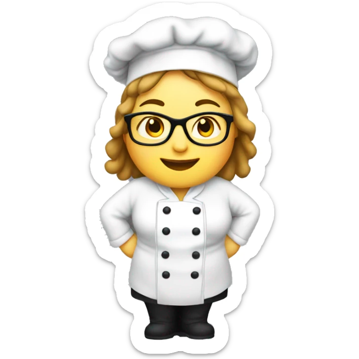 chubby happy mature female chef , with glasses , black beanie hat and apron and white jacket sticker