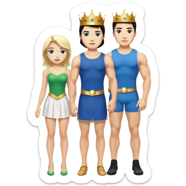 Prince with crown, black hair, body, legst, blue eyes, woman blonde hair, green eyes, sexy white short sleveless dress,  sticker