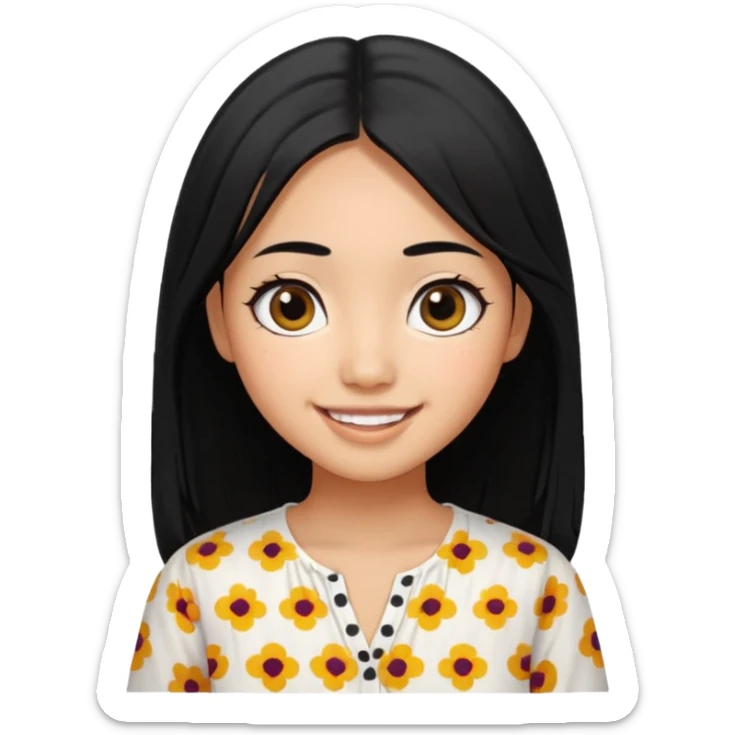 20 yr old asian woman hair white blouse with black dots center part big eyes big smile tanned skin straight black hair hippie part hair  sticker