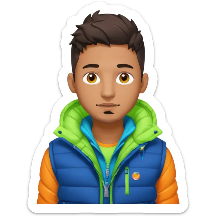 Cyberpunk street adult, hispanic, male, messy undercut, puffer vest over hoodie, glowing earpiece, light stubble, brown eyes, neon reflections, headshot sticker