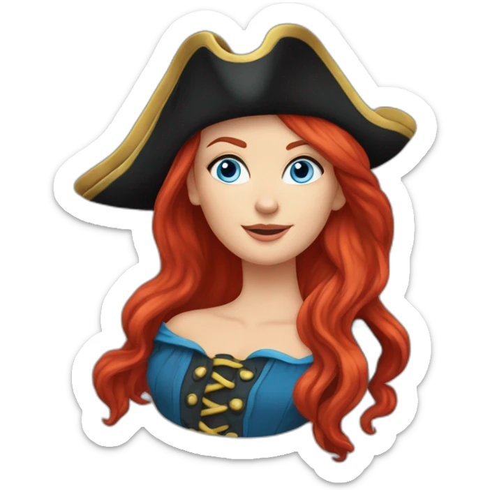 Woman long red hair in a single platt. pirate hat. One side of head has no hair. Blue eyes. skull and crossbones t shirt sticker